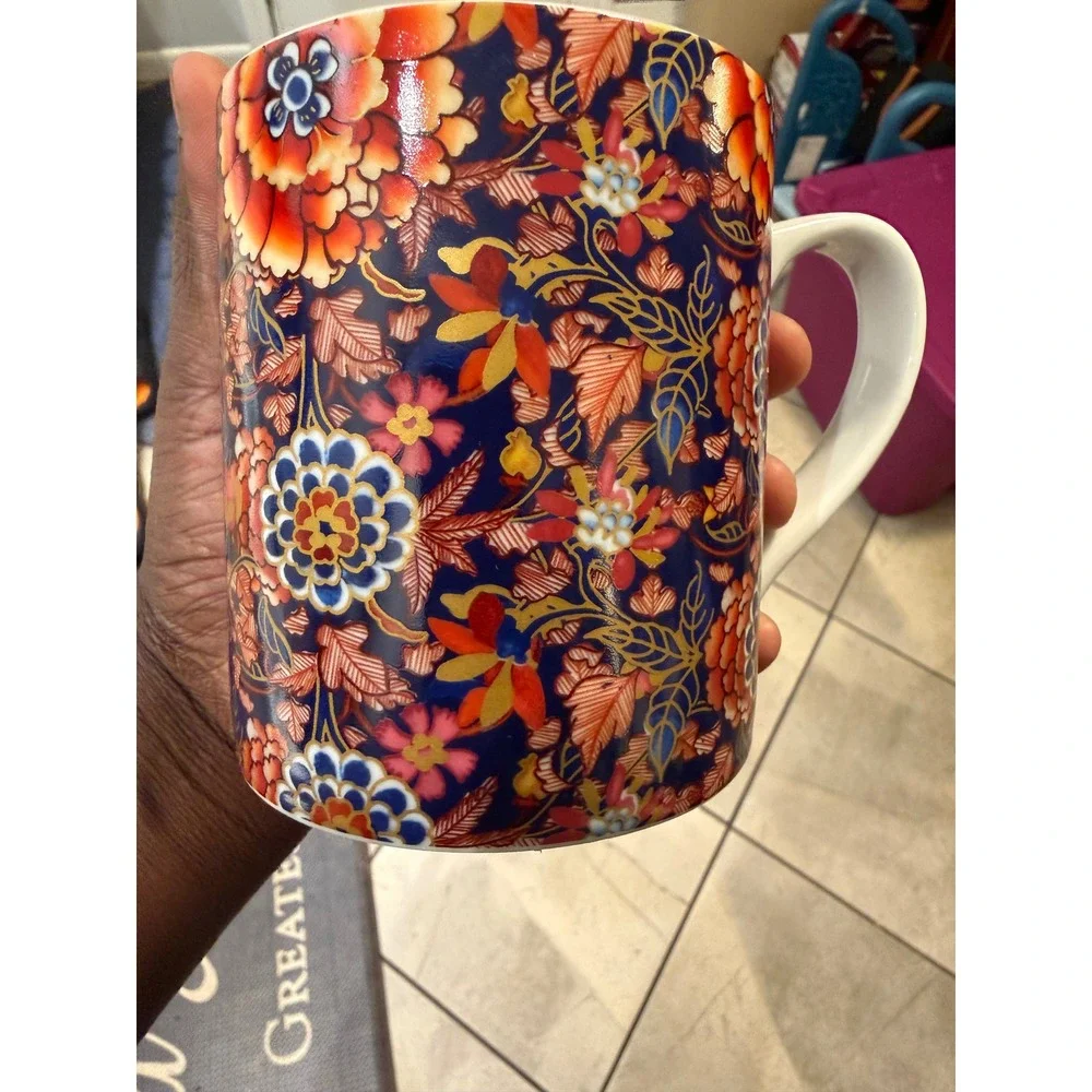 Williams Sonoma Floral Coffee Mugs Set of 2 Navy Orange Chintz Porcelain